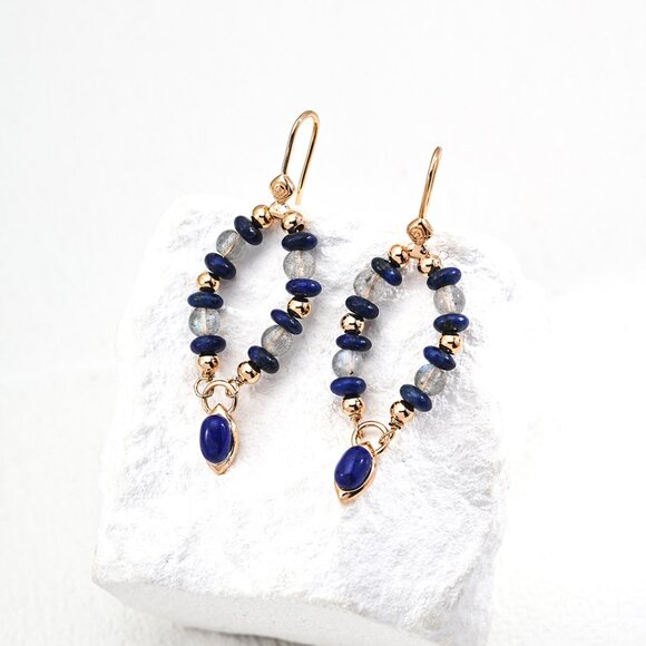 ✨ Artisan Original Lapis Lazuli & Moonstone Dangle Earrings | S925 Gold - Picture 1 of 6